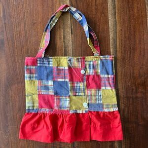 Upcycled Plaid Ruffle Tote w/ Smurf Lining, Vintage Fabric Patchwork Bag